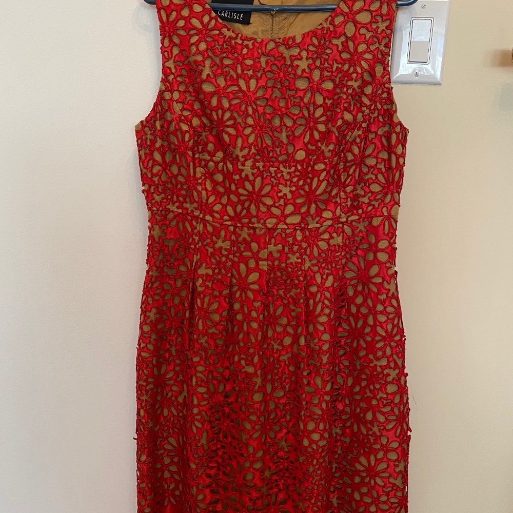 Red and tan laser cut dress